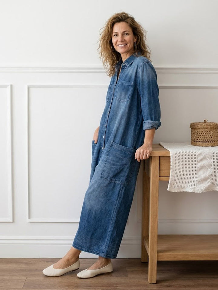 Combinaison Femme en Denim Foncé Délavé – Style Utility Décontracté à Boutons