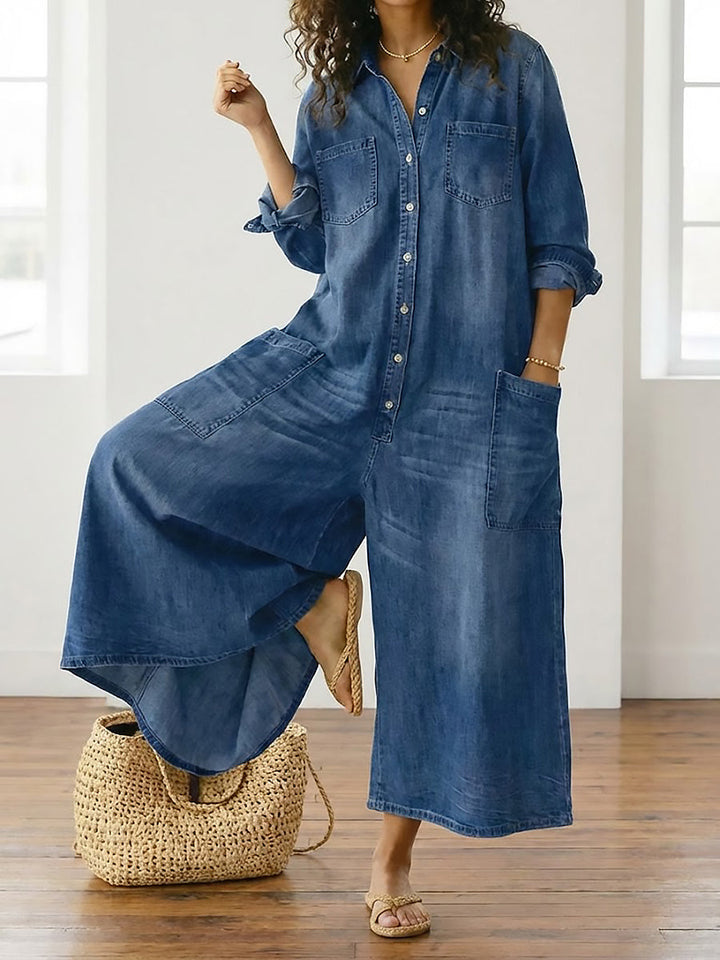 Combinaison Femme en Denim Foncé Délavé – Style Utility Décontracté à Boutons