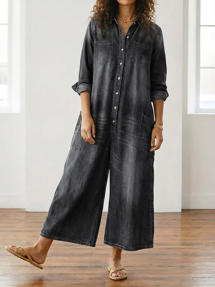 Combinaison Femme en Denim Foncé Délavé – Style Utility Décontracté à Boutons