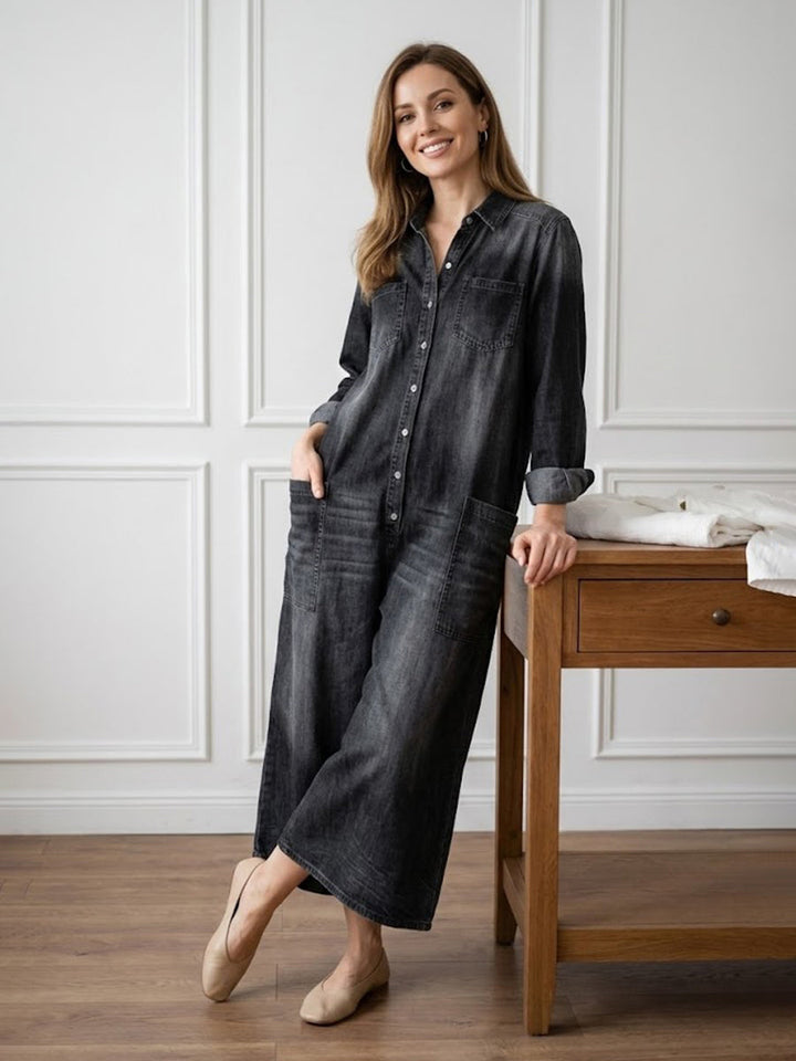 Combinaison Femme en Denim Foncé Délavé – Style Utility Décontracté à Boutons