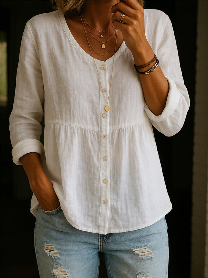Chemise en mélange de lin et de coton pour femmes – Blouse décontractée ample à manches 3/4 et col rond