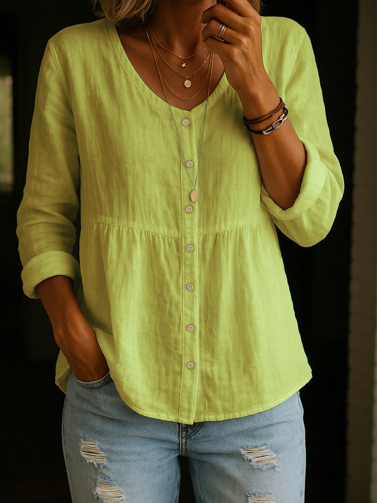 Chemise en mélange de lin et de coton pour femmes – Blouse décontractée ample à manches 3/4 et col rond
