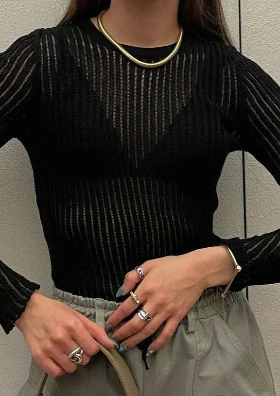Pull femme transparent en maille côtelée style casual
