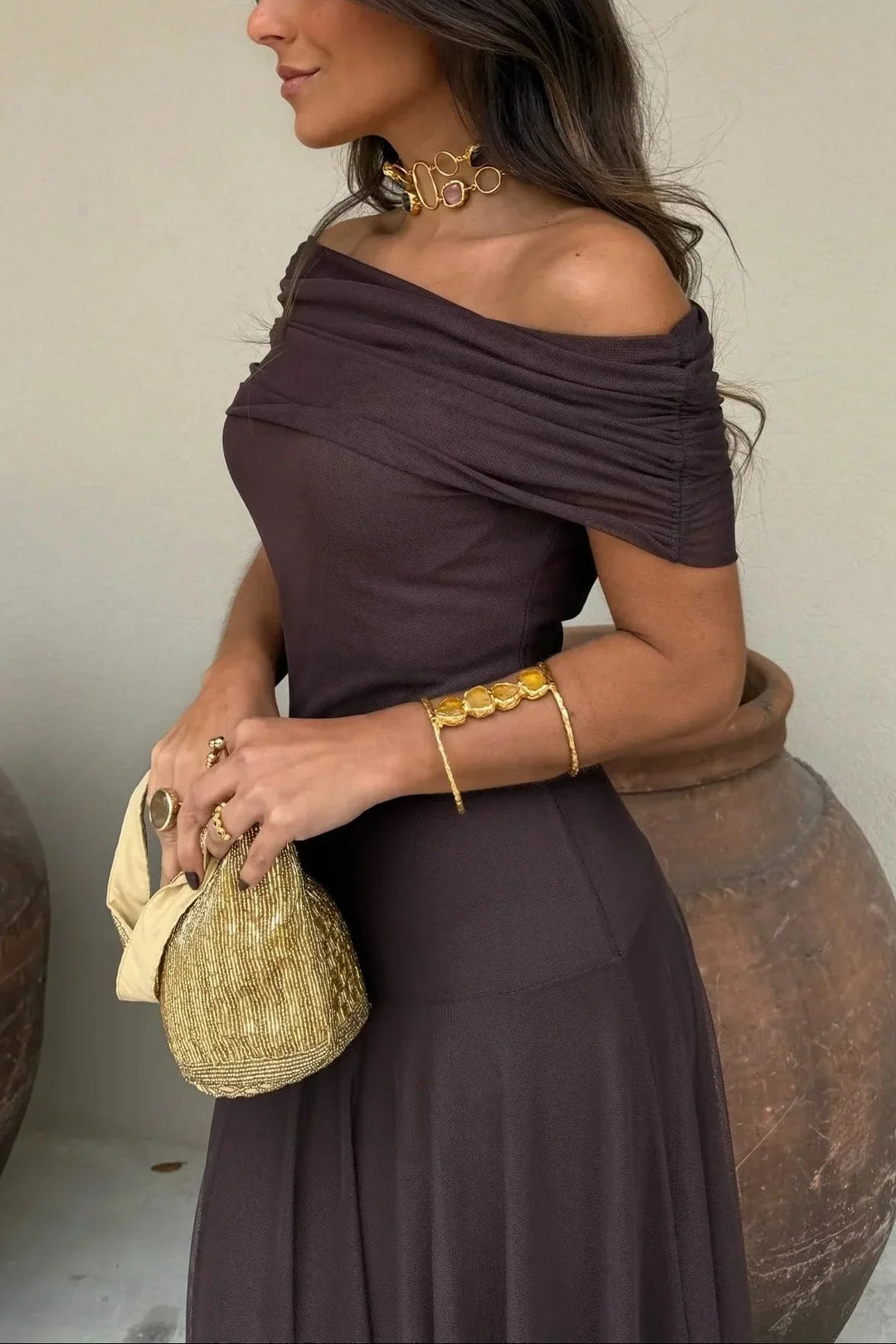Robe longue ete femme plissée une épaule
