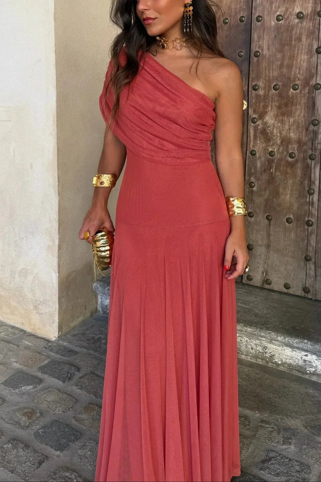 Robe longue ete femme plissée une épaule