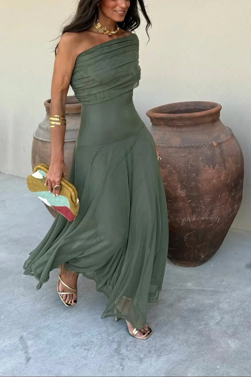 Robe longue ete femme plissée une épaule