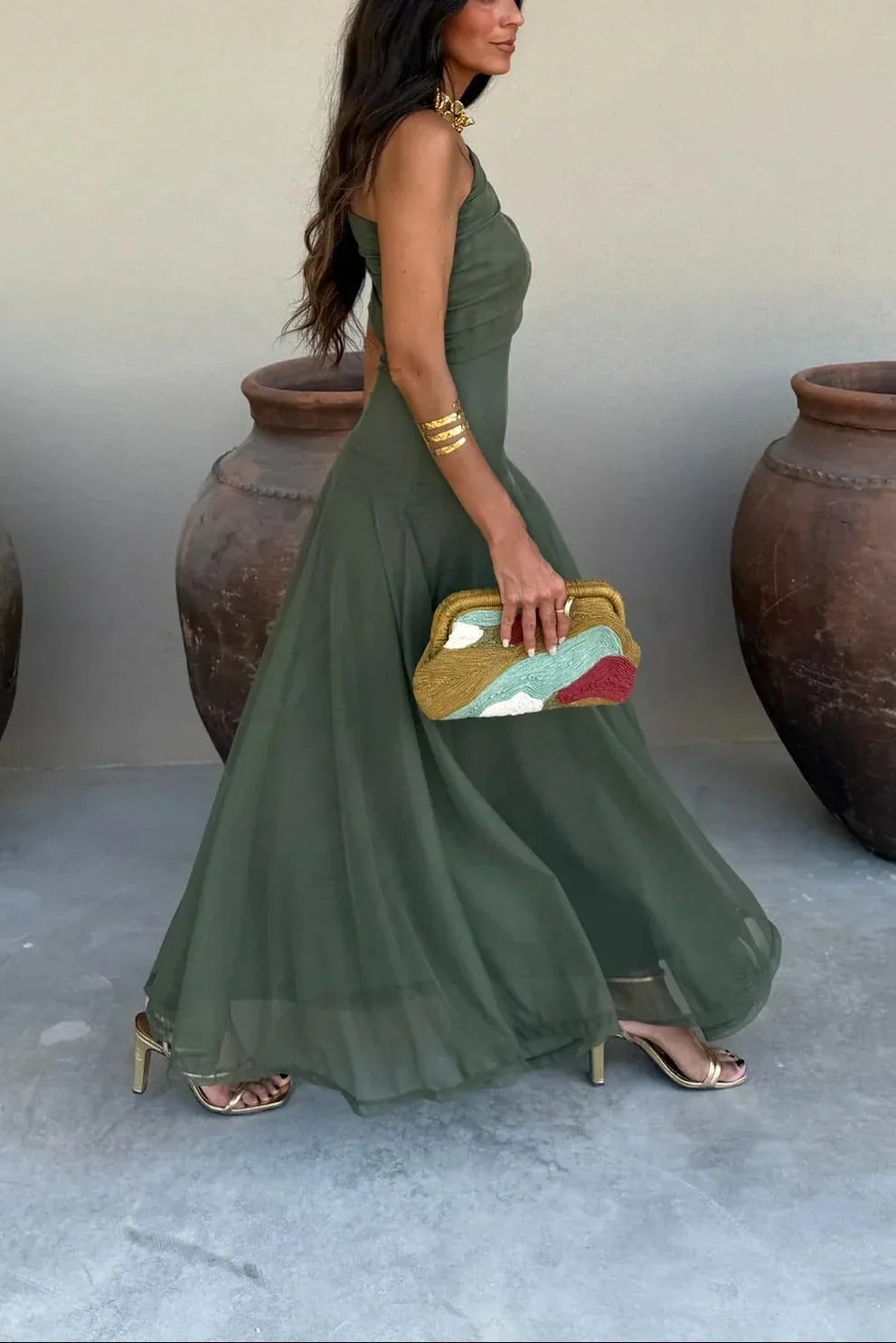 Robe longue ete femme plissée une épaule