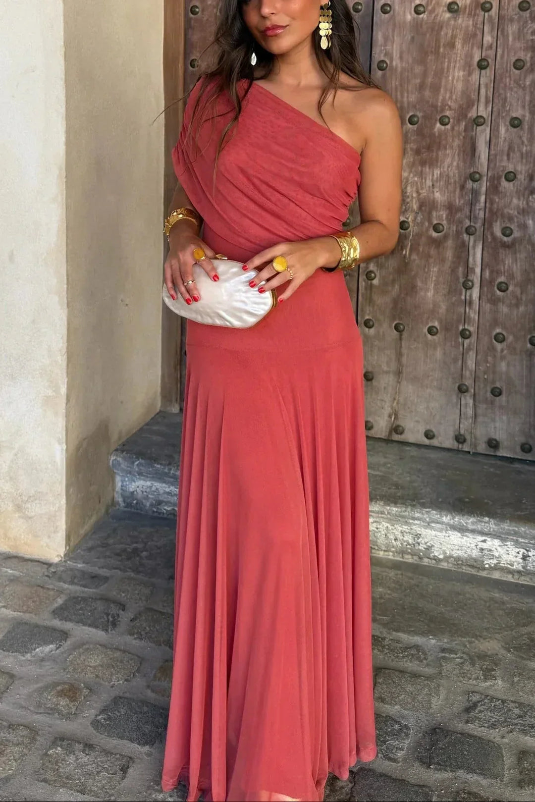 Robe longue ete femme plissée une épaule