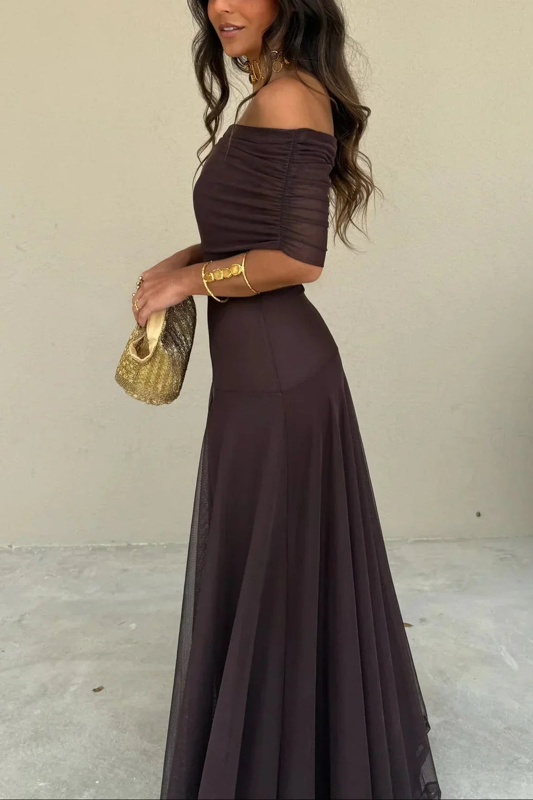 Robe longue ete femme plissée une épaule