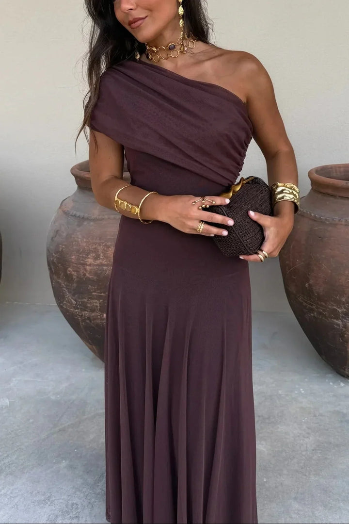 Robe longue ete femme plissée une épaule