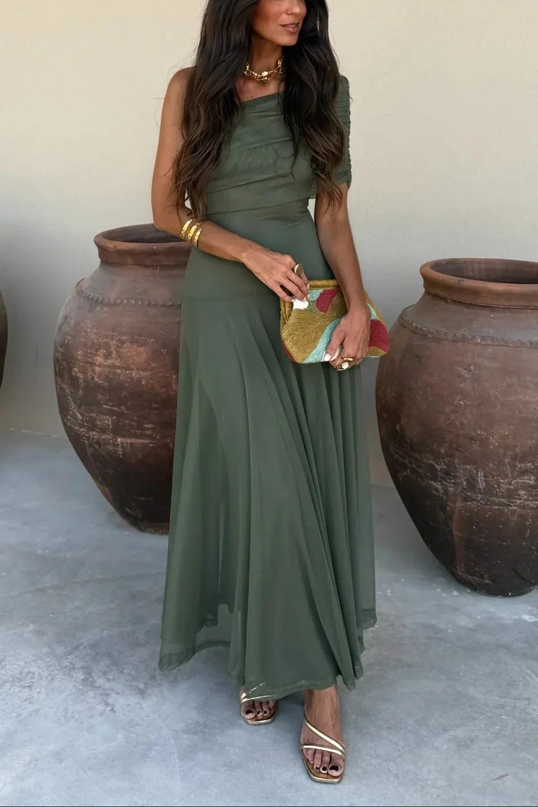Robe longue ete femme plissée une épaule
