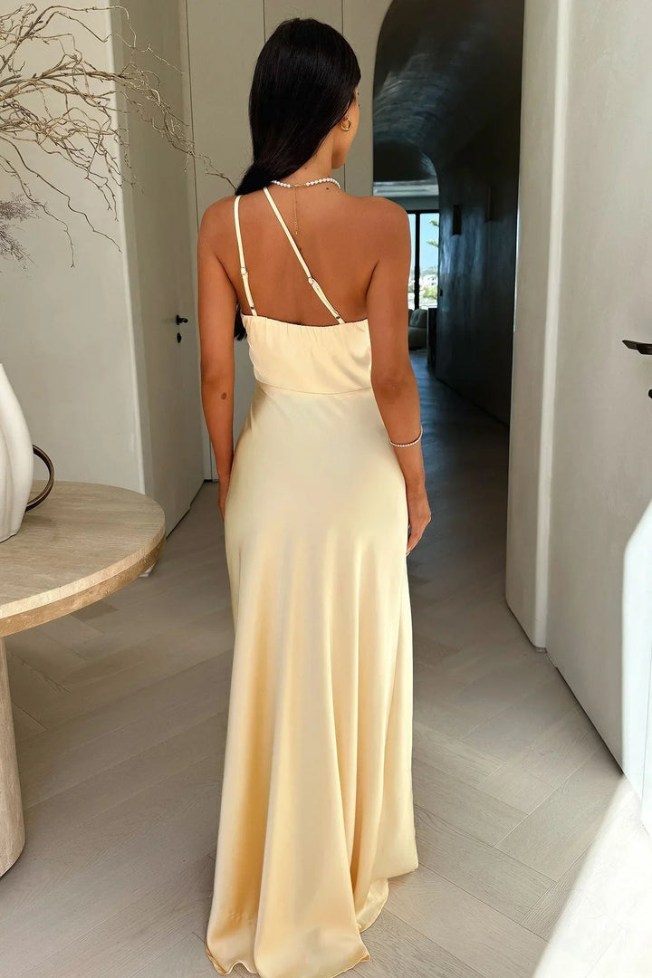 Robe Longue Asymétrique Femme Fendue – Beige Élégant