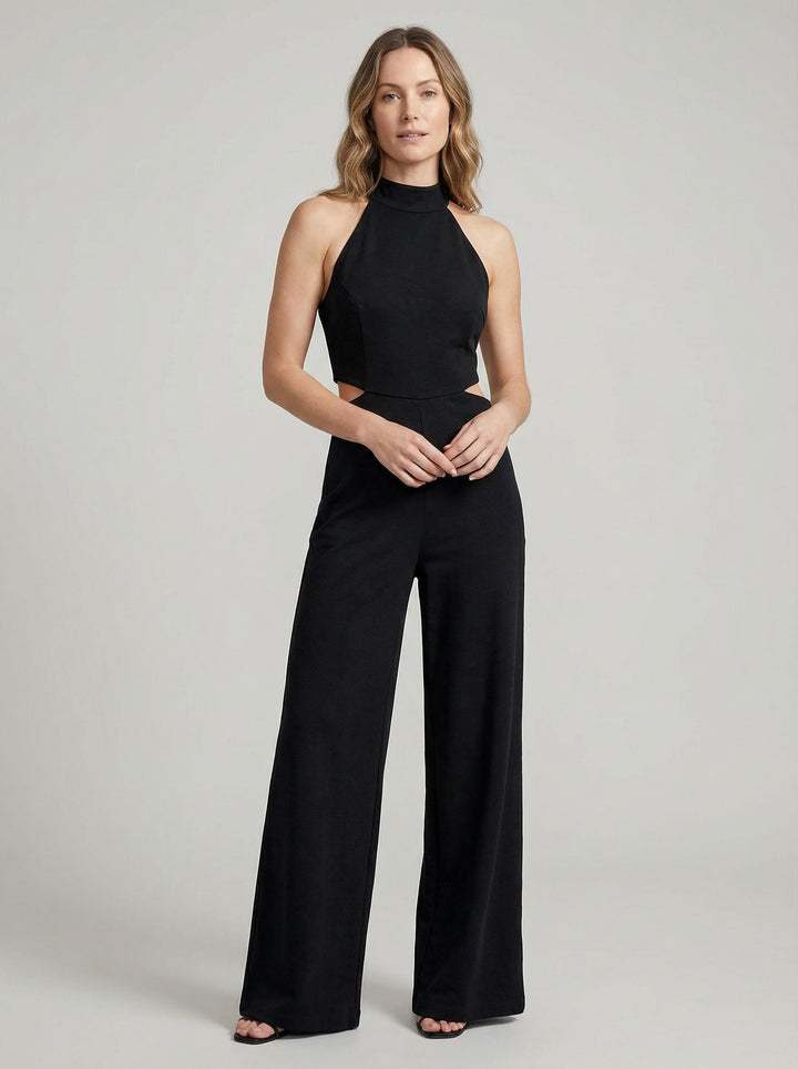 Combinaison Femme Col Halter Noir - Jambe Large Élégante