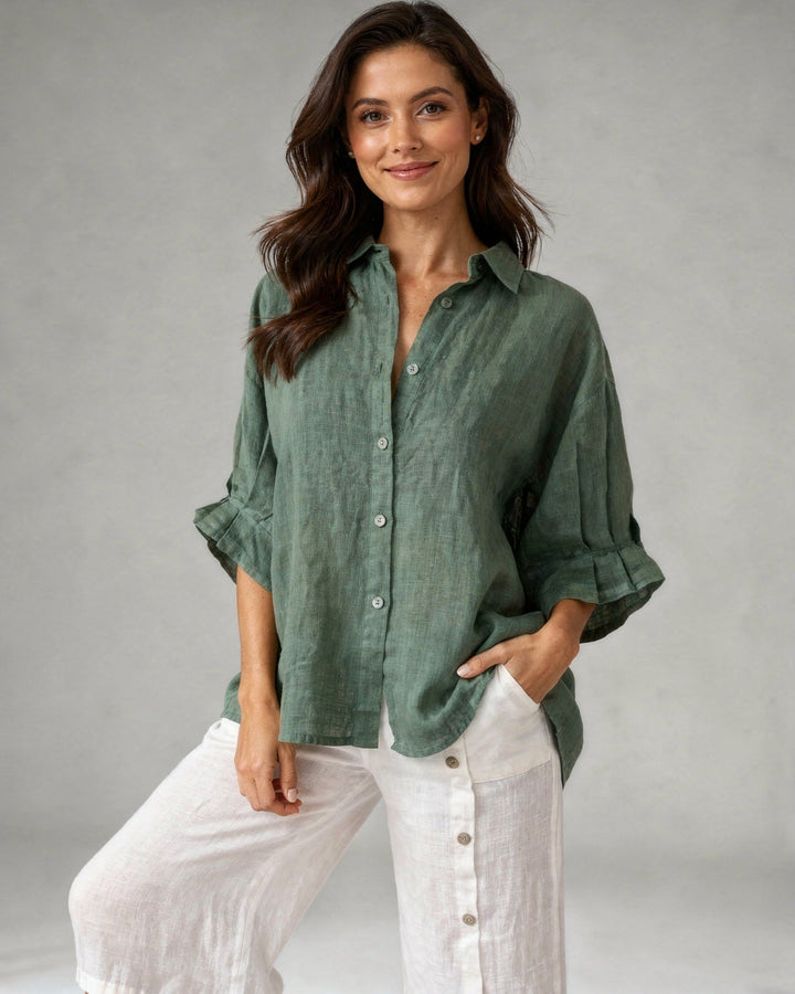 Blouse Oversize en Coton-Lin – Haut Femme à Manches Longues Décontracté