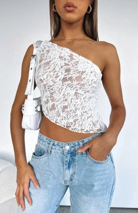 Top asymétrique femme à texture dentelle