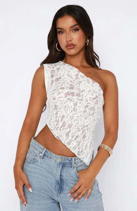 Top asymétrique femme à texture dentelle