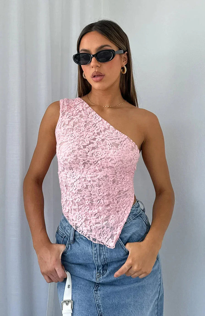 Top asymétrique femme à texture dentelle