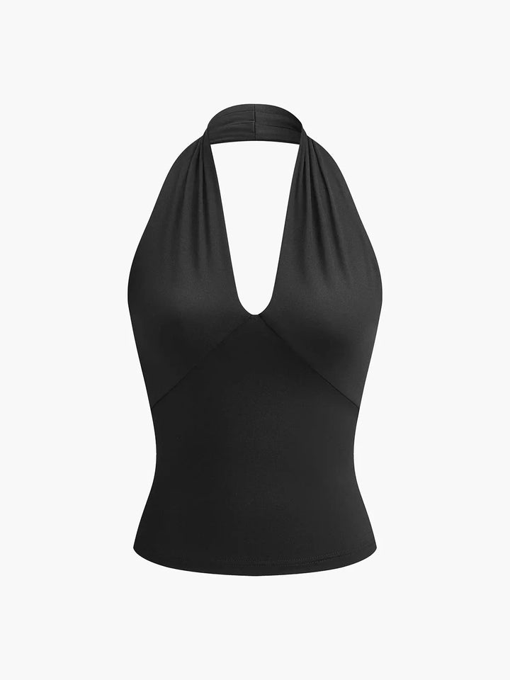 Top halter femme dos nu, col en V croisé et sans manches en résille