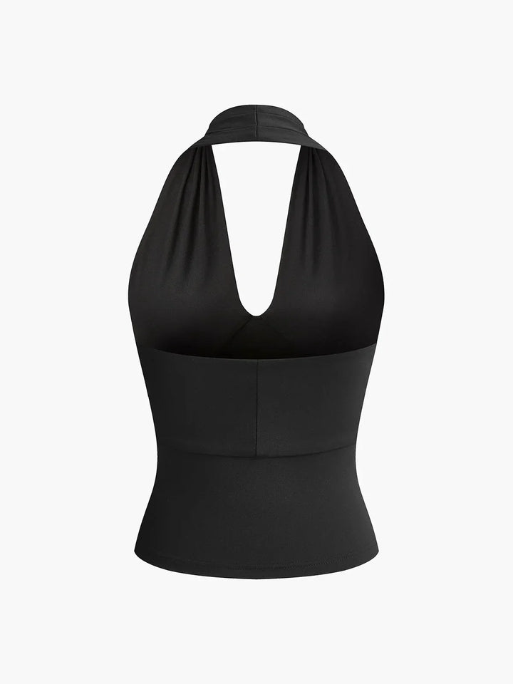 Top halter femme dos nu, col en V croisé et sans manches en résille