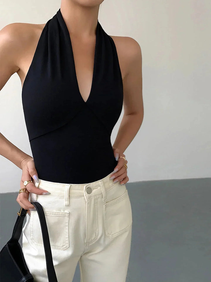 Top halter femme dos nu, col en V croisé et sans manches en résille