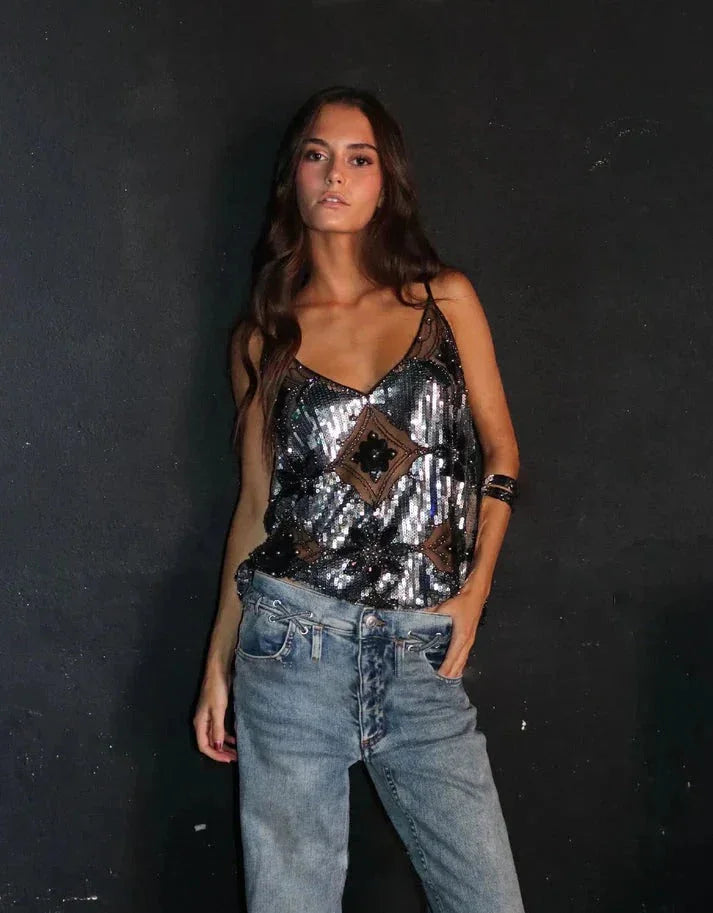 Top de lentejuelas para mujer negro sin mangas