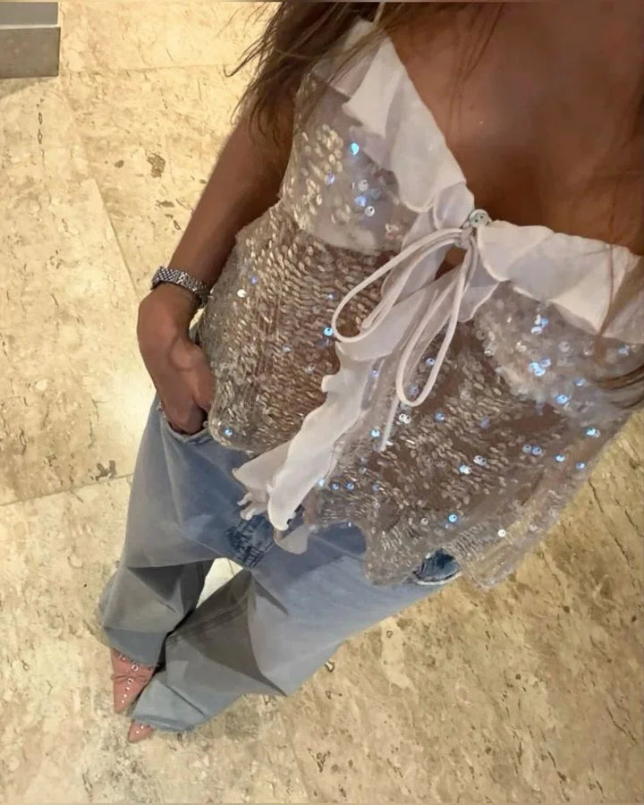 Top court femme à paillettes, fines bretelles et volants en organza